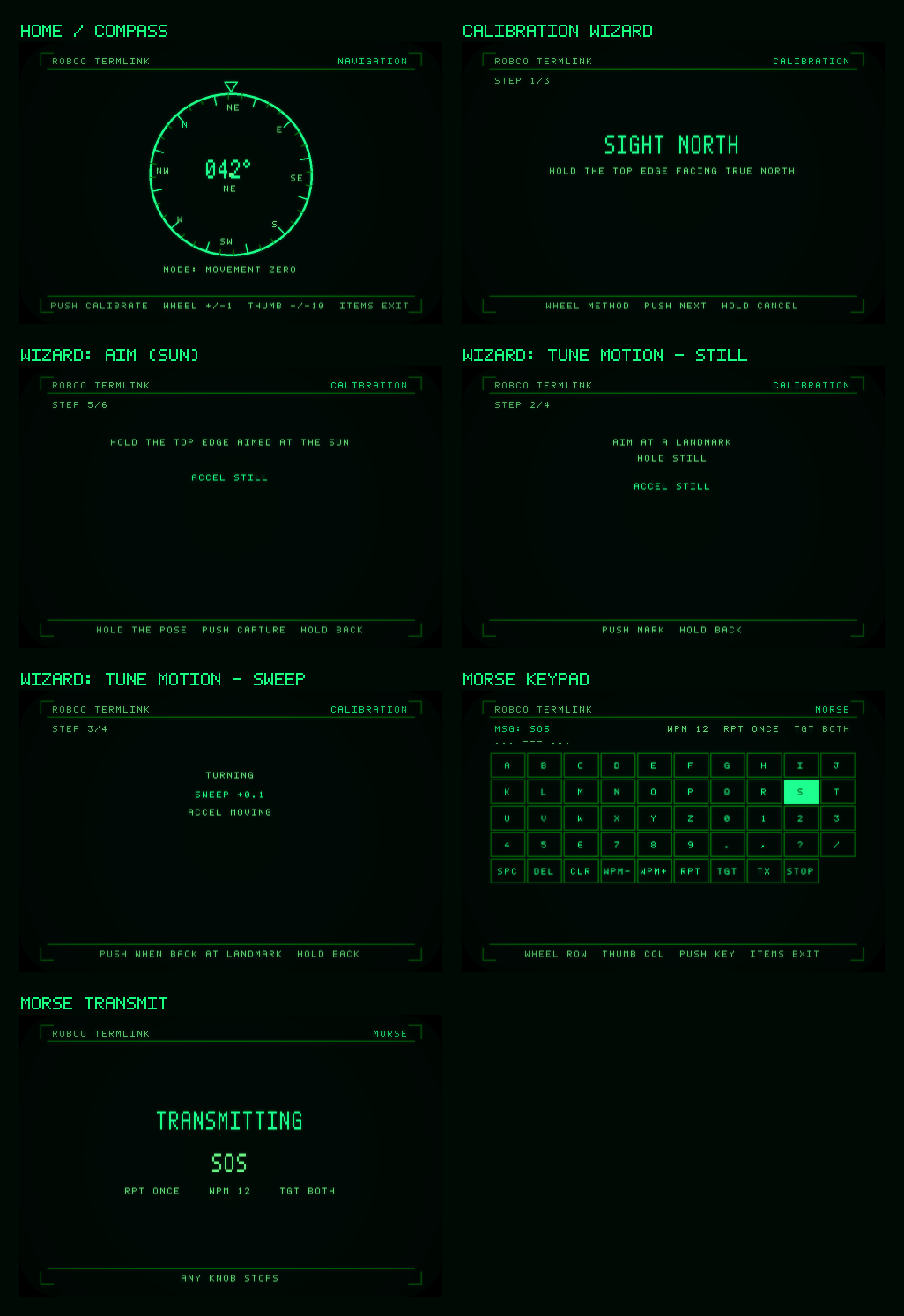 RobCo Compass and Morse application screens